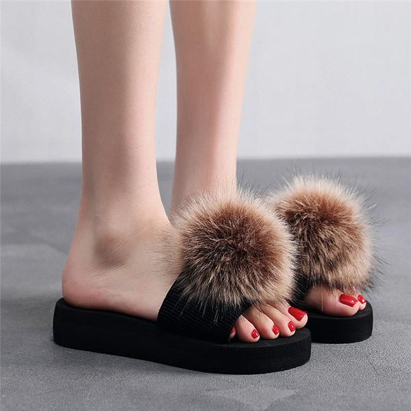 

summer faux fur woman shoes fashion comfortable with platforms fluffy slippers house women chaussure femme a40, Black