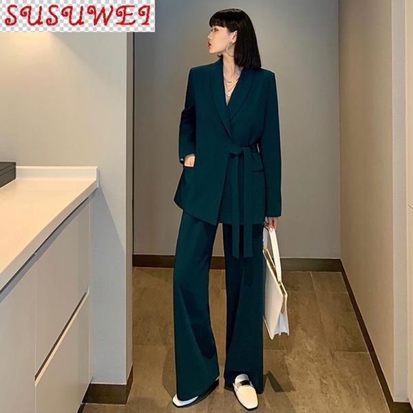 

autumn style plus size women's temperament ladies two-piece suit pants female loose jacket elegant wide-leg two piece, White