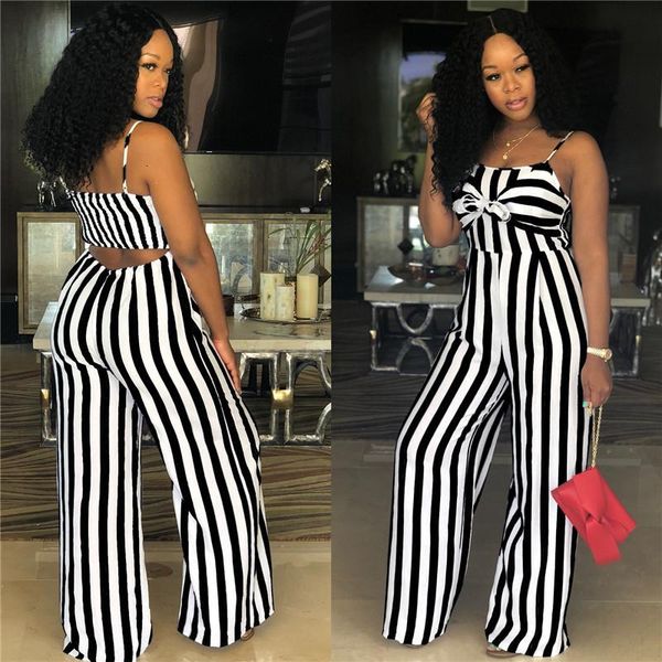 

women's jumpsuits & rompers spaghetti strap striped wide legs womens sleeveless hollow out back bow loose casual leotard overalls1 p2iu, Black;white