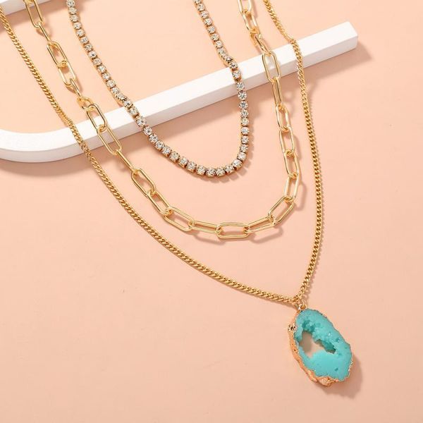 

chains fashion green imitation natural stone irregular pendants golden multi-layer crystal necklace for women jewelry girl gift, Silver