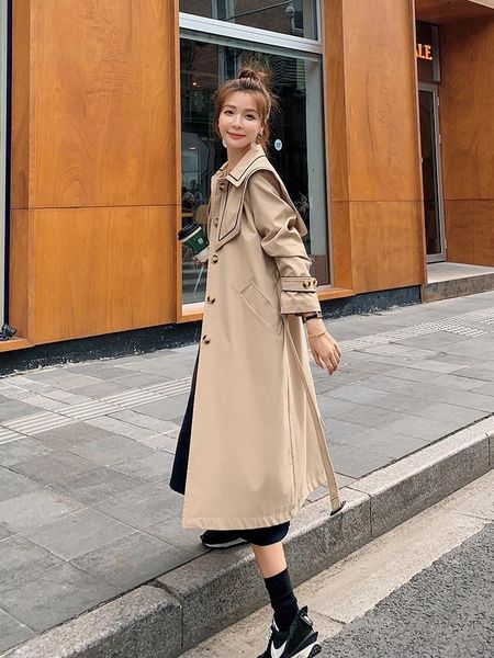 

women's trench coats high-end retro long casacos femininos windbreaker 2021 spring autumn korean style loose temperament waist coat, Tan;black