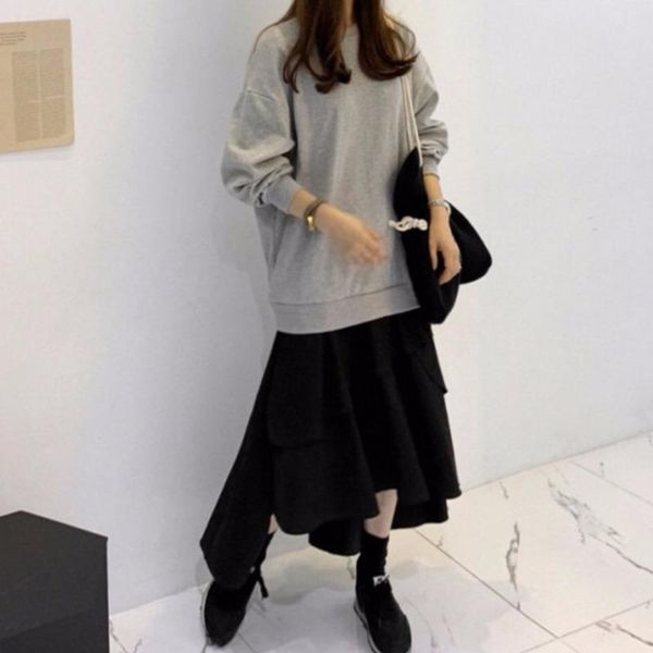 

casual dresses [ewq] 2021 autumn female loose round neck long sleeve sweatshirt patchwork minimalist asymmetric tiered skirt 8d463, Black;gray