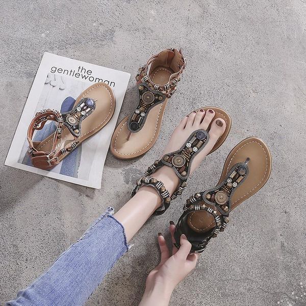 

summer women casual roman style sandals flat bottom pinch low heel beaded female slip-on shallow shoes, Black