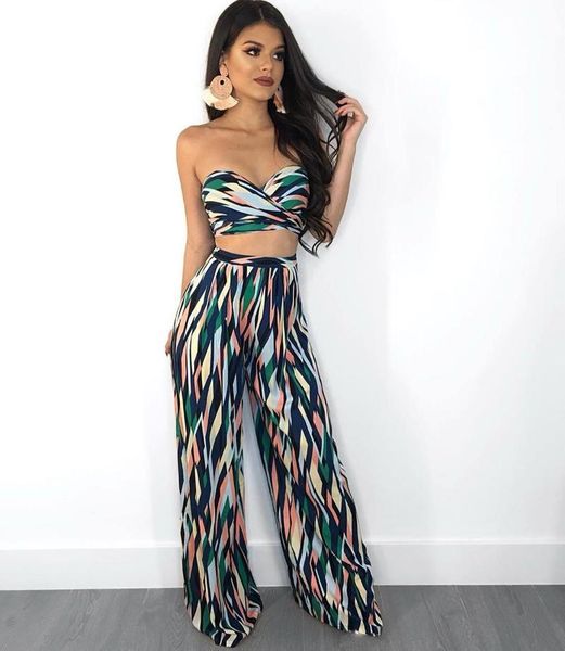 

women's tracksuits adfvat striped print women two piece sweatsuit wrap chest bandage different wear and straight loose long pants l, Gray