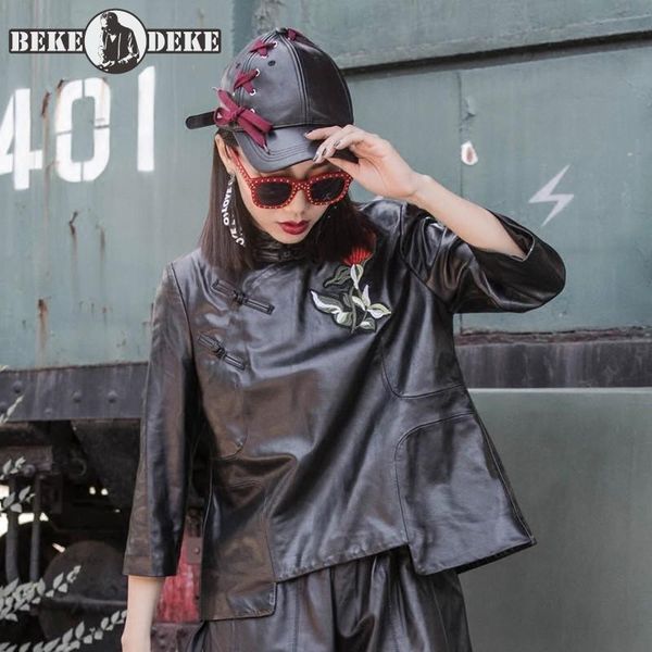 

women's leather & faux 2021 spring 100% real jacket women brand casual embroidered printed short coat vintage streetwear sheepskin, Black