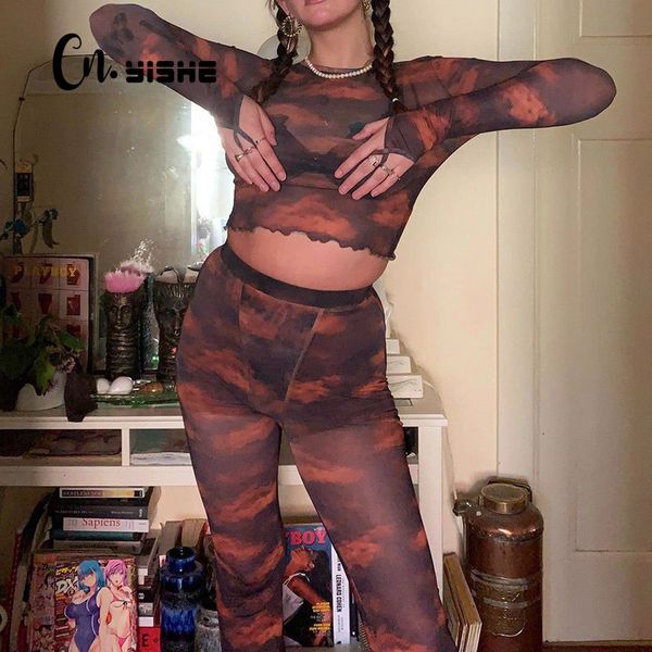 

cnyishe mesh print tracksuit women fashion two piece set crop and pants suits female sets clubwear 2-piece spring 210419, White