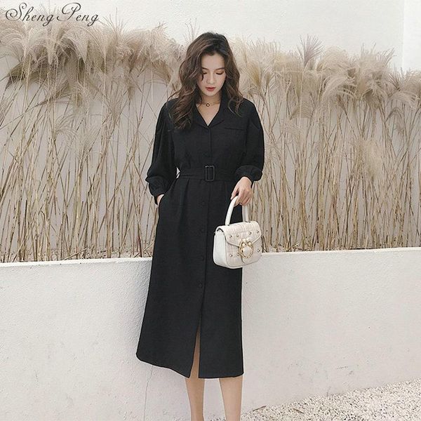 

casual dresses women solid color maxi mid-calf long dress bow tie sashes sleeve chic vestidos v1715, Black;gray
