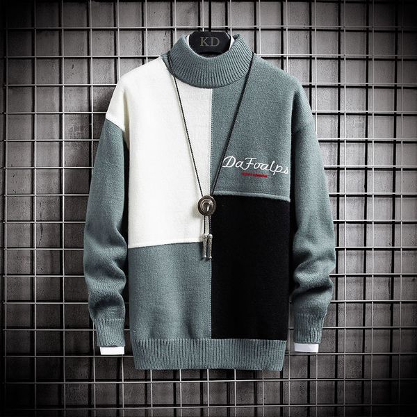

sweater knit men's clothing autumn and winter thickening t shirt youth small high collar pullover color matching baseline, White;black