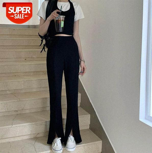 

women's slimming casual trousers elastic waist high slit micro horn women #vy7q, Black;gray