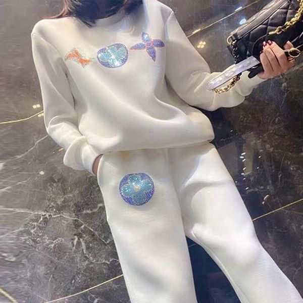 

women's two piece pants casual sportswear suit autumn and winter korean version of the large size fashion temperament plus velvet thick, White