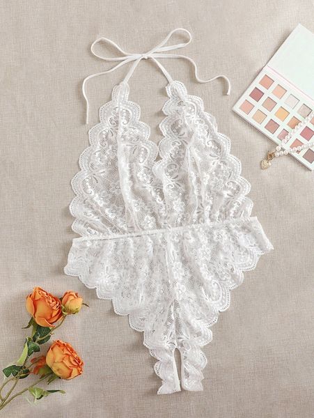 

plus floral lace scallop trim crotchless teddy bodysuit e6ad#, Black;white