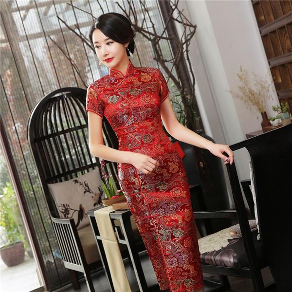 

ethnic clothing handmade button chinese women classic cheongsam ladies long qi pao tight evening party prom dress gown flower vestidos, Red