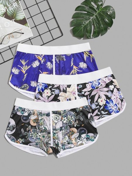 

men 3pcs floral print boxer brief s8ds#, Black;brown