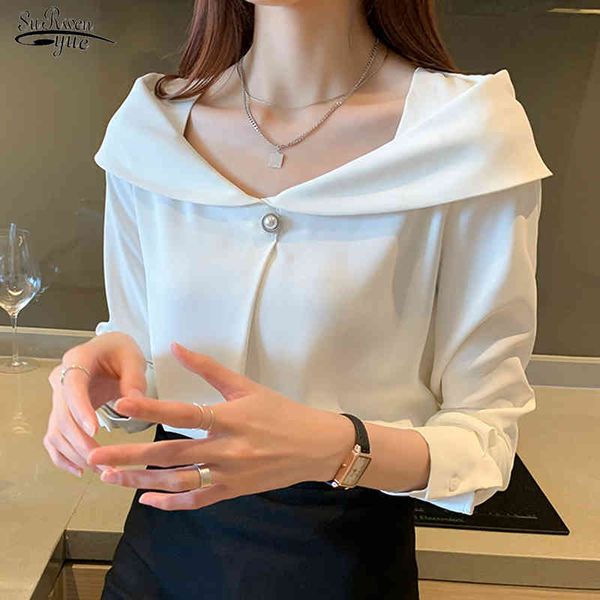 

spring solid color v neck women blouse office lady long sleeve plus size shirts beading chiffon female clothing 14028 210508, White