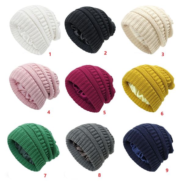 Chaud Tricoté Baggy Bonnets Hiver Soie Satin Doublé Chunky Cap Femmes Slouchy Skullies Laine En Plein Air Ski Cyclisme Chapeaux