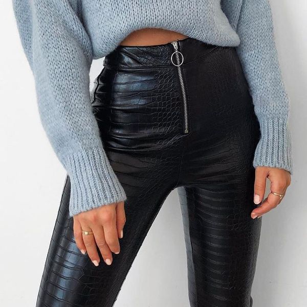 

pu high waist faux leather pants women leggings skinny ladies trousers casual slim black pencil pant woman women's & capris, Black;white
