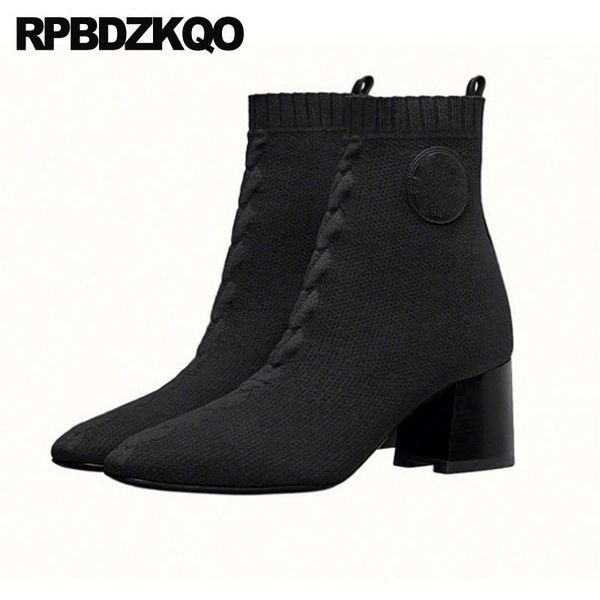 

boots fall slip on block wine red square toe black short chunky autumn 2021 shoes women thick fashion knit ankle