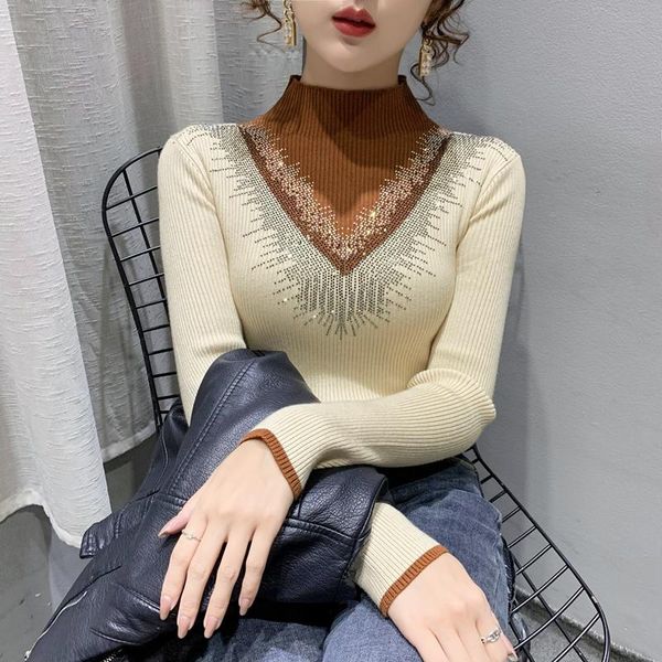 

women's sweaters row 3, no. 7 middle] real s diamond inlaid color matching half high neck pullover knitted bottoming shirt [2000] 38, White;black