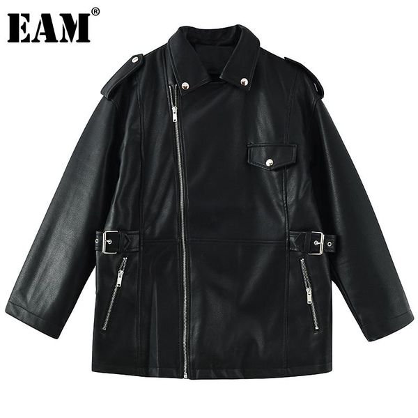 

women's leather & faux [eam] loose fit black pu big size jacket lapel long sleeve women coat fashion tide spring autumn 2021 1de0646