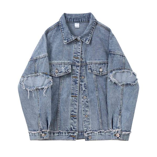 

women's knits & tees denim jacket spring and autumn new style korean loose hole trend jean women s le9m, White