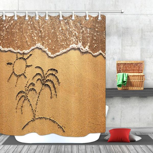 

shower curtains sun and coconut trees painting on beach polyester fabric & hooks