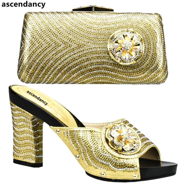 

gold color italian matching shoe and bag set decorated with rhinestone party shoes bags for women dress, Black