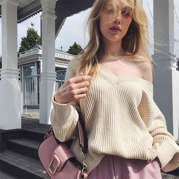 

knitted oversized purple sweater pullovers women v neck streetstyle casual autumn winter batwing sleeve 210427, White;black