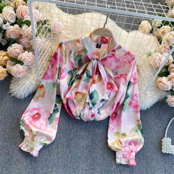 

spring autumn flower printing loose blouse women ruffled bow tie stand collar puff sleeve all-match shirt female uk985 210730, White