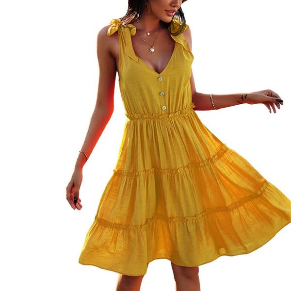 

casual dresses women elegant sleeveless v-neck dress ladies stylish solid color summer buttons sundress female ruffled vestidos 2021, Black;gray