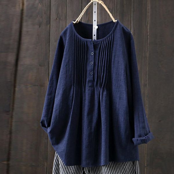 

and linen vintage casual womens blouses solid fold round neck button long sleeve, White