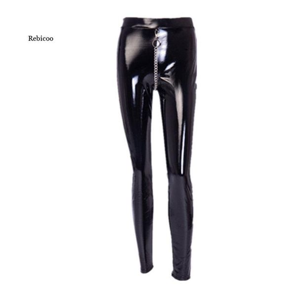

women's pants & capris women high waist faux pu leather shiny metal chain black pencil streetwear elegant casual party womens trouser, Black;white