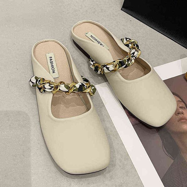 

slippers women baotou slippers fashion chain design flat shoe low heeled sandals outdoor non slip square toe slip on woman shoes 220307, Black