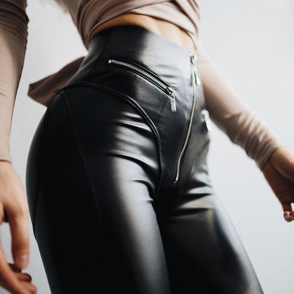 

women's pants & capris winter black leather leggings women skinny push up high waist bottoms fashion pu elastic trousers stretch latex, Black;white