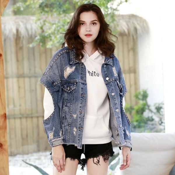 

women's jackets 2021 elegant rivet ripped hole jeans jacket long sleeve batwing hip hop denim for women, Black;brown