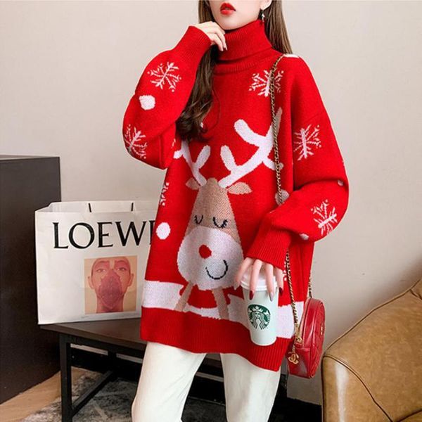 

women's sweaters christmas cartoon turtleneck sweater female spring autumn 2021 loose red thickened winter warm women pulover, White;black