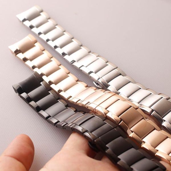 

watch bands solid stainless steel watchband wrist strap 22mm for ar1452 butterfly buckle men metal accessories bracelet curved end, Black;brown