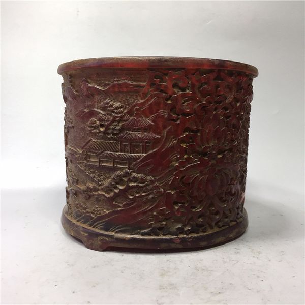 

china old beijing old goods red amber carving amber pen holder, Brown