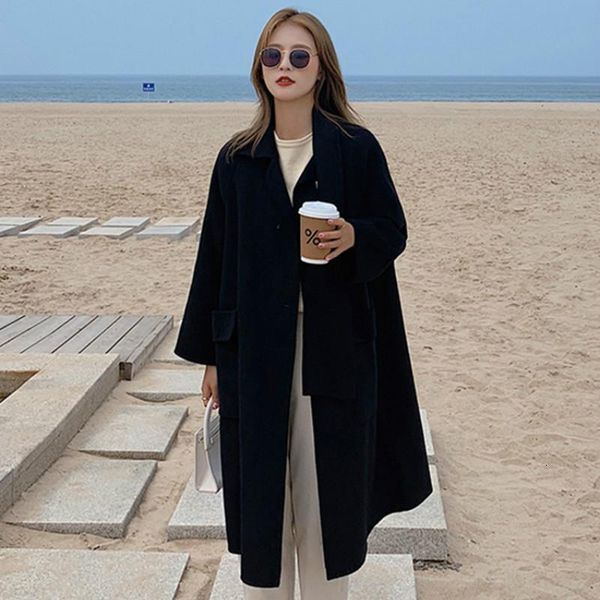 

women's & blends classic black ladies long korean fashion wool coat thicken blend winterjas dames women jackets de50mn 06zj