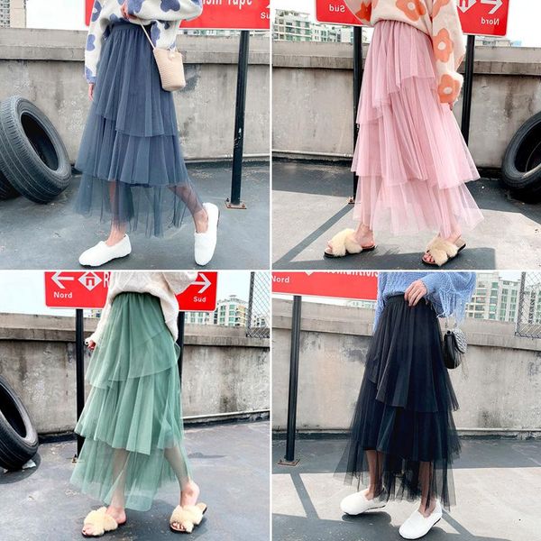 

skirts 2021 spring korean cake mesh skirt elastic high waist slim simple casual wild sweet women a-line long, Black