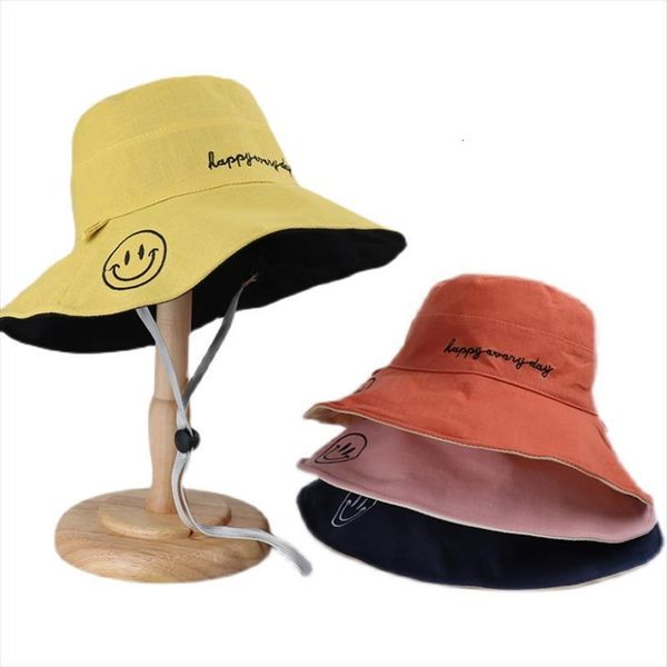 

double sided harajuku bucket cap fishing outdoor hats for women sunscreen smiley embroidered fisherman hat, Blue;gray