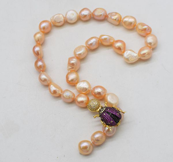 

freshwater pearl necklace pink purple baroque 10-13mm & zircon insects hook 16inch nature beads wholesale, Silver