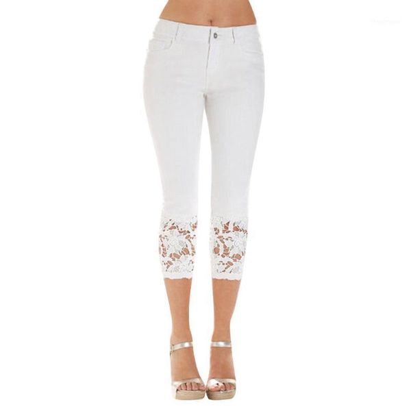 

women's jeans plus size skinny woman summer female stretch knee length elastic lace denim shorts pants casual cropped trousers 7.8, Blue