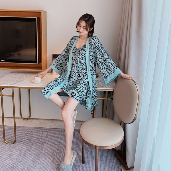 

casual leopard print 2pcs robe set women spring kimono gown strap nightgown with belt home dress green satin sleepwear women's, Black;red