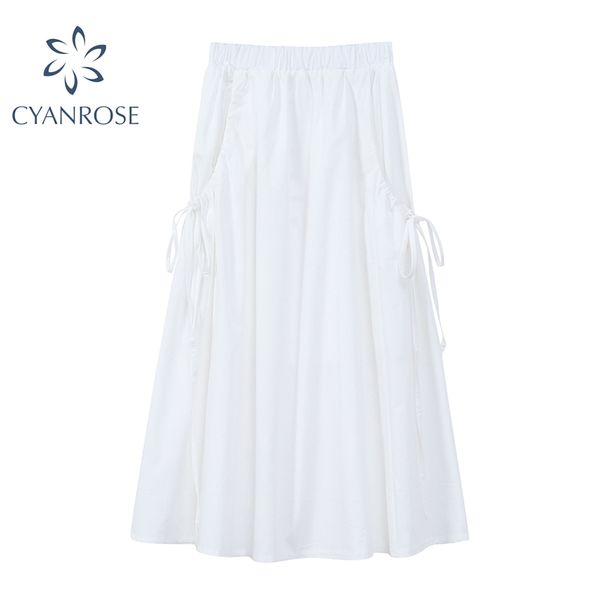 

midi skirt for women pocket wrinkled loose streetwear harajuku lady skirt spring lace up high waist elastic elegant skirt 210417, Black