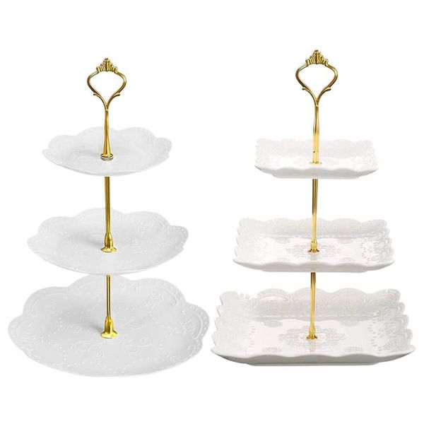 

other bakeware 2pcs 3 tier white square&round cake stand,dessert cookie candy fruit tower tray for wedding parties home decor