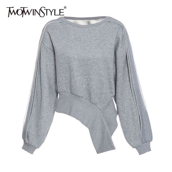 

twotwinstyle asymmetrical casual sweatshirt for women o neck long sleeve irregular hem gray sweatshirts female fashion 210517, Black