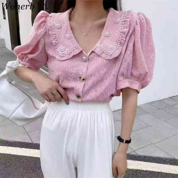 

korean blusas mujer beading peter pan collar vintage short puff sleeve summer blouses women loose kawaii shirt retro 210519, White