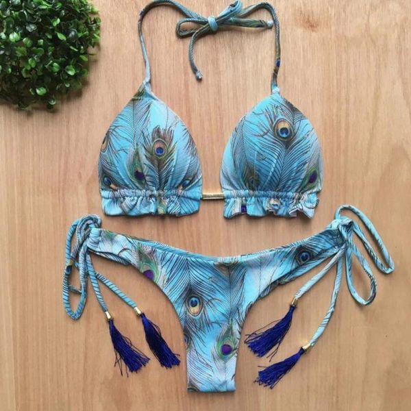 

one-piece suits women floral print push up bikini set halter bra briefs two piece swimsuit padded lacing swimming suit for beach