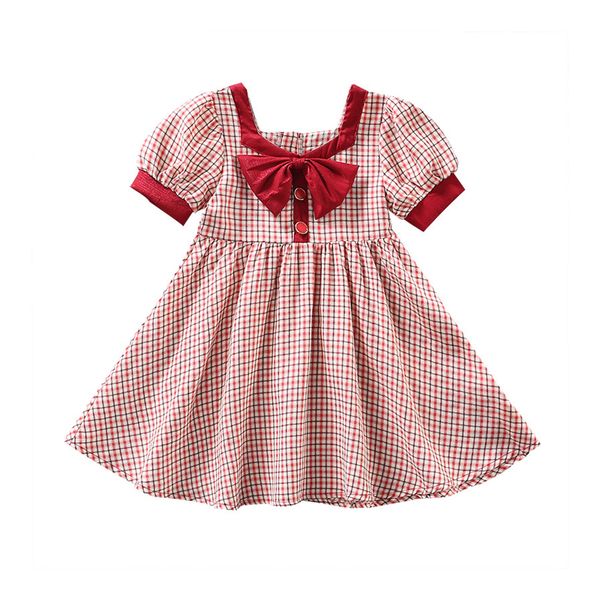 

new good quality factory price fashion selling childrens sweet bow button plaid princess short sleeve dress, Red;yellow