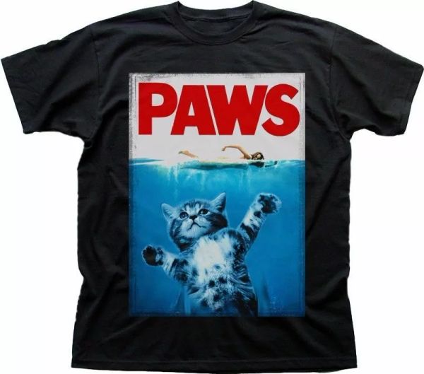 

paws kitten jaws poster parody funny black printed t-shirt 9292, White;black